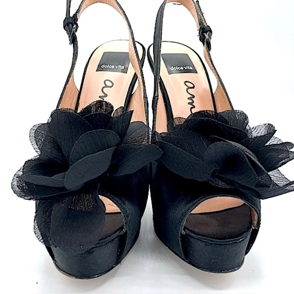 Dolce Vita “Bess” Black Platform Heels with Sheer Petals Embellishment, size 8.5